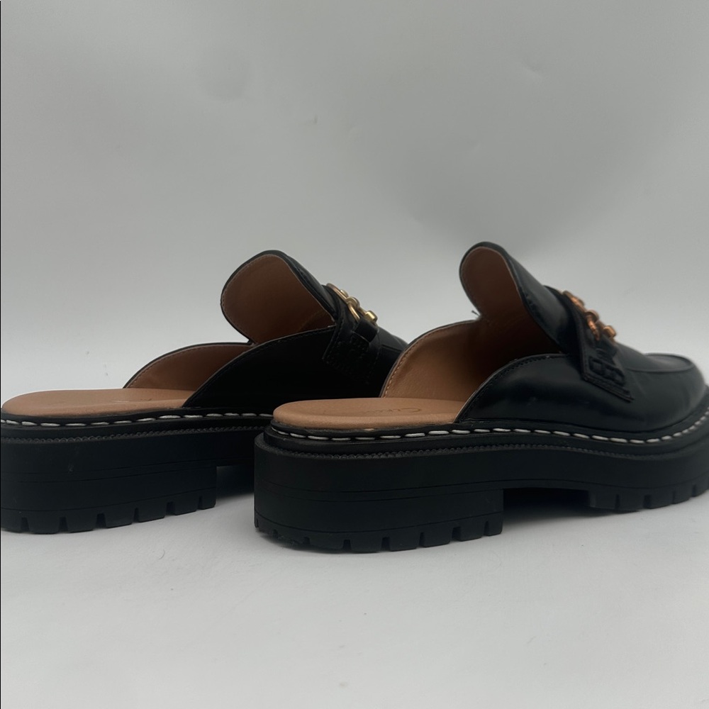 Black Leather Slip-On Mule Loafers with Gold Chain Detail - Picture 13 of 16